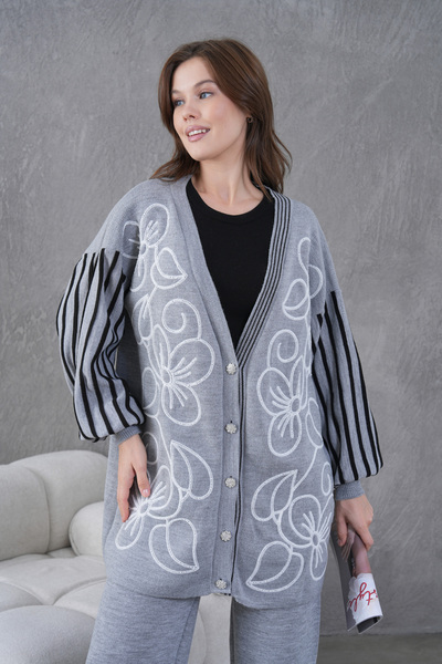 Miss Allos Women's Front Beaded Wide Fit Tr,Ko Cardigan V E Pants Bottom Top Set