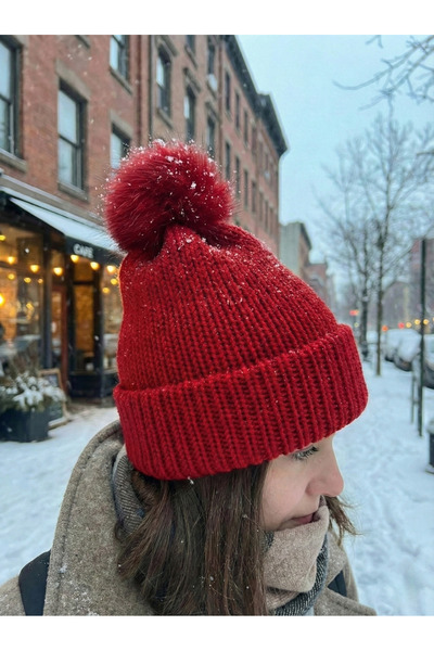 BESKAR Red Hand Knitted Vivid Color Corded Fabric Soft Winter Women's Beanie