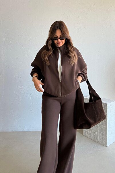 ELVAN TOLON Brown Zippered Fleece-Lined Tracksuit Set