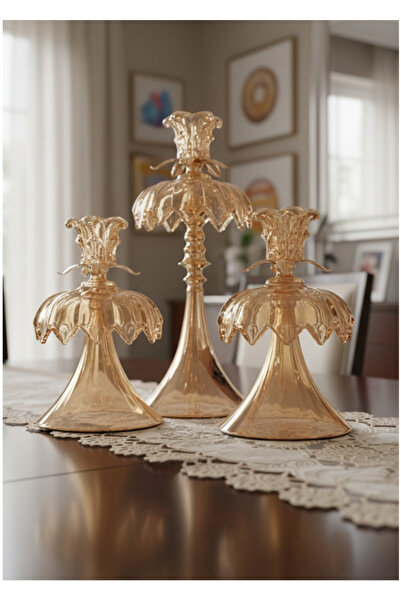 Flower Toys 3 lü Cam Ayaklı Şamdan Modern Dekoratif Ev Süsü Hediyelik