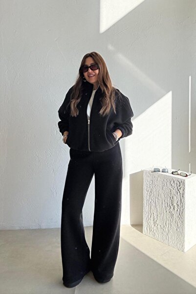 ELVAN TOLON Black Zippered Fleece-Lined Tracksuit Set