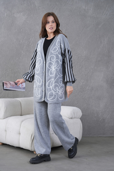 Miss Allos Women's Front Beaded Wide Fit Tr,Ko Cardigan V E Pants Bottom Top Set