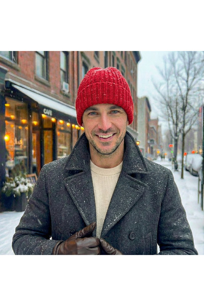 BESKAR Red Hand Knitted Vibrant Color Corded Fabric Soft Winter Men's Beanie