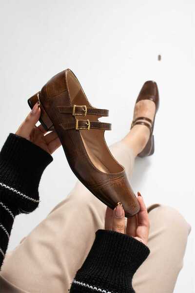 Roshin Shoes Women's Short Heel, Tan Color, Double Belt Detail, Ballerina Style