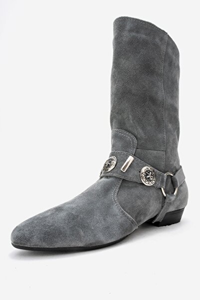 LuviShoes Γυναικείες μπότες Western SELORA με γκρι σουέντ φούντες από γνήσιο δέρμα με αγκράφα