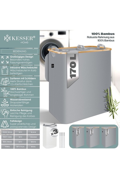 KESSER KESSER® laundry basket with folding lid Grey, 170 liters