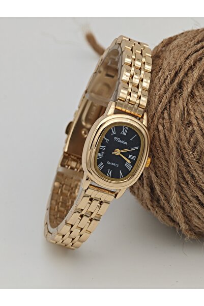 Marlas Retro Women's Wristwatch, Black Dial, Minimal Design, Golden Yellow Case, Roman Numeral Dial