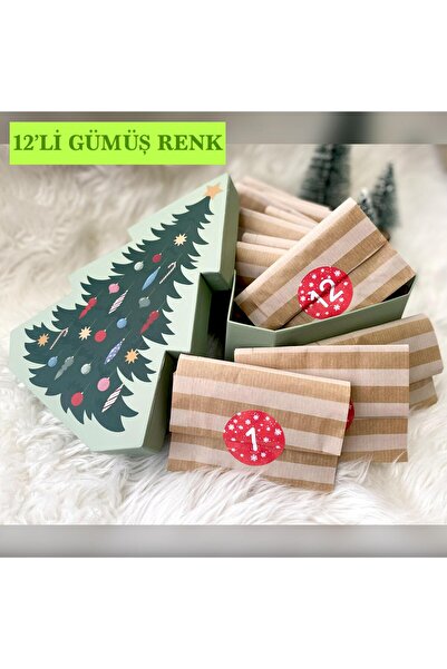 Lilyum Aksesuar Advent Calendar Sürpriz Takı 12li Yeni Yıl Yılbaşı GÜMÜŞ GRİ RENK Küpe Kolye Bileklik Hediye Kutusu