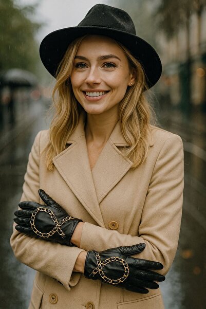 BALIENTE قفازات نسائية من الجلد الصناعي مع تفاصيل إكسسوارات ذهبية سوداء