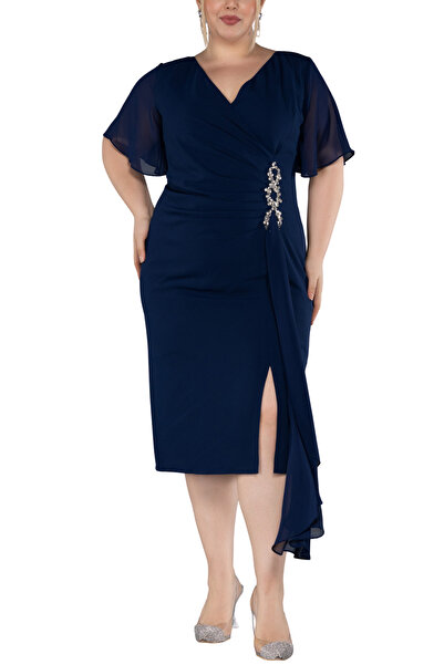 Arden Plus Size Short Evening Dress, Black, Navy Chiffon Double-Breasted Short Sleeve, Midi Cocktail Dress, 44-50