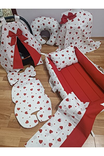 Kırmızı Kalpli Kare Yataklı 7 Parça Babynest Seti