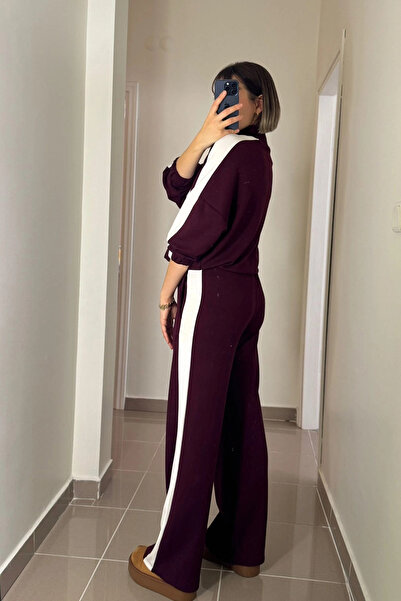 Kubos Moda Zippered Striped Adjustable Elastic Burgundy Modal Tracksuit Set