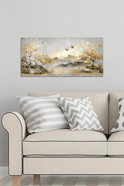 kutuTR 3D Görünümlü 2D Baskı Temperli Cam Tablo – Altın Dağ Manzarası UV Bask...