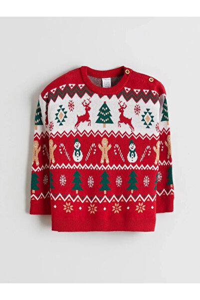 LC Waikiki Baby Red Crew Neck Long Sleeve Christmas Themed 100% Cotton 2-Piece Baby Boy Set