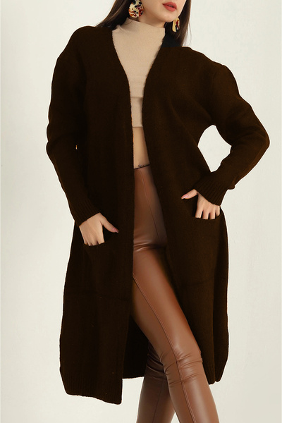 AURRARİ Brown Knitted Sweater Long Pocket Cardigan