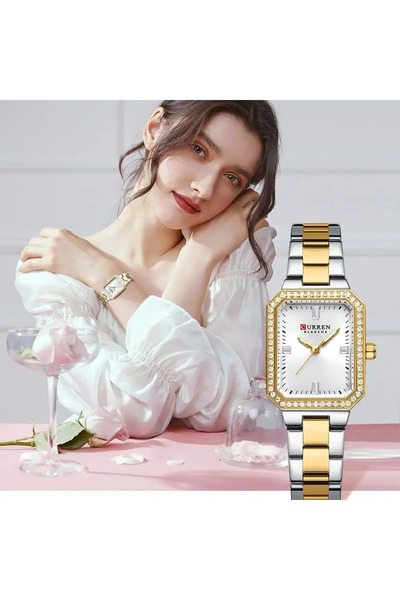 Curren Women's Watch 9102 — Luxury Rectangular Quartz, Elegant Waterproof Dial (Gold/Blue)