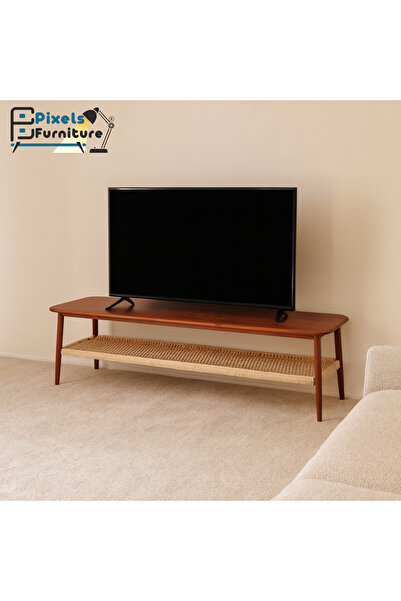 PixelsFurniture Pixel Furniture two-tier TV stand with a wooden top, rattan lower shelf, and metal edges.