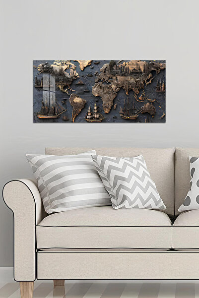 kutuTR 3D Görünümlü 2D Baskı Temperli Cam Tablo – Dünya Haritası Motifli UV B...