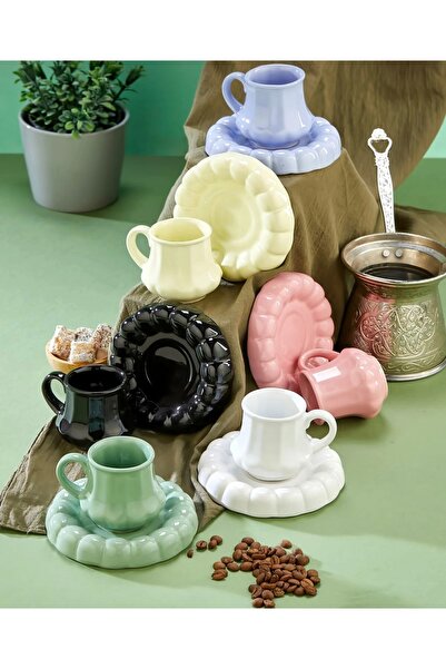 AENLINE HOME 6 Kişilik Renkli Tasarım Seramik Türk Kahvesi Fincan Takımı