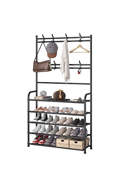 PORKY Shop Shoe Rack 5 Tiers with Hooks, Metal + PP, Capacity 16 Pairs, 171x80x25cm