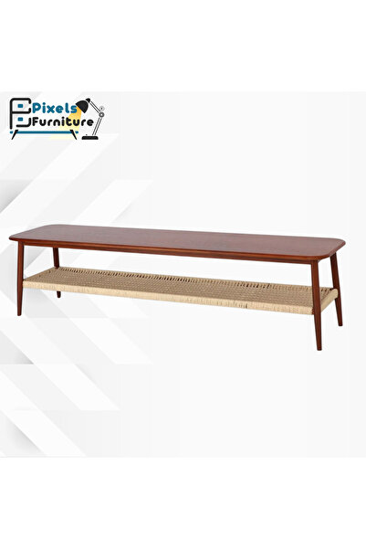 PixelsFurniture Pixel Furniture two-tier TV stand with a wooden top, rattan lower shelf, and metal edges.