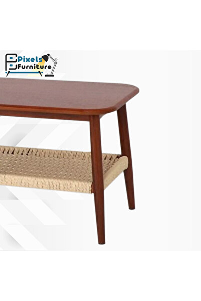 PixelsFurniture Pixel Furniture two-tier TV stand with a wooden top, rattan lower shelf, and metal edges.