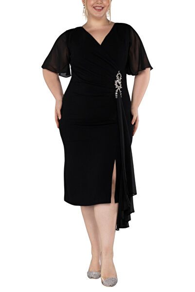 Arden Plus Size Short Evening Dress, Black, Navy Chiffon Double-Breasted Short Sleeve, Midi Cocktail Dress, 44-50