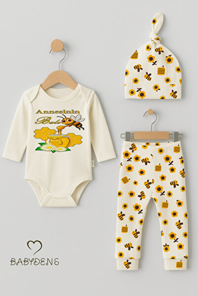 BABYDEN'S Mother's Honey 3-Piece Newborn Set 100% Cotton Long Sleeve Bodysuit, Floral Bee Pattern Ribbed Pants, Beanie