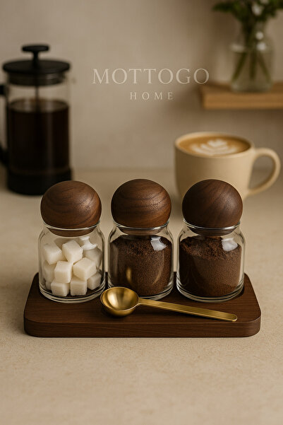 Mottogo 4-Piece Coffee Corner Jar Set Acacia Lid Glass Jar Gold Measuring Spoon Stand Sugar Bowl Coffee Bowl