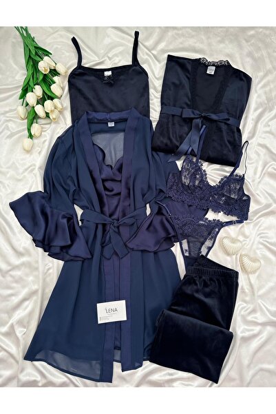 Lena Homewears Veronica Navy Blue 7-Piece Boxed Piece Giant Pajamas Nightgown Dressing Gown Underwear Luxury Bridal Dowry Set
