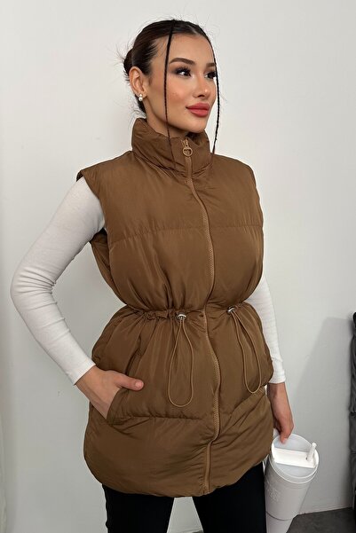 moda armanc Γυναικείο καφέ πουπουλένιο γιλέκο - Αθλητικό πουπουλένιο γιλέκο με τσέπες με φερμουάρ