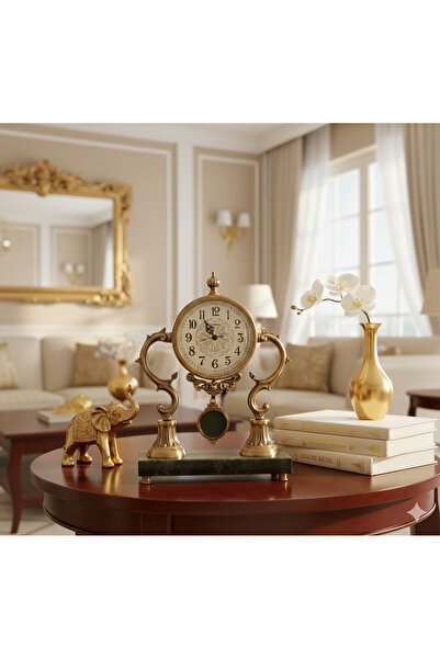 Livava Mermer Detaylı Nostaljk Metal Sarkaçlı Masa Saati, Eskitme, 42x29