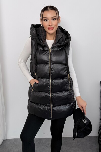 moda armanc Women's Long Black Hooded Puffer Vest – Astronaut Collar, Waterproof, Oversized