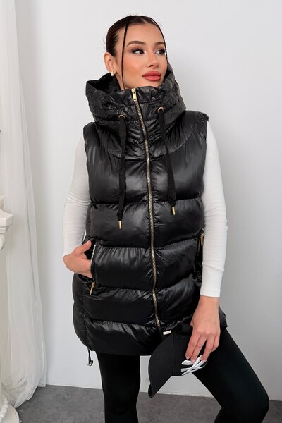 moda armanc Women's Long Black Hooded Puffer Vest – Astronaut Collar, Waterproof, Oversized