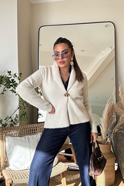 Sohotique By P Bearded Knitted Jacket Model Single Button Cardigan Stone