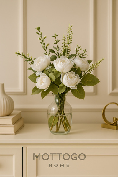 Mottogo Beyaz Yapay Şakayık Buketi – Dekoratif Peony Aranjman – Salon Masa Üs...