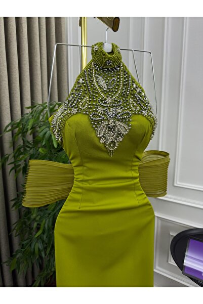 Generic فستان سهرة باربي - جزار بليزا مع تطريز يدوي فاخر - أخضر ليموني