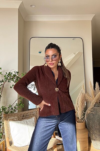 Sohotique By P Bearded Knitted Jacket Model Single Button Cardigan Brown