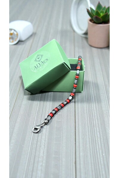 alyacs Red Cube Stone and Hematite Combination Handmade Minimalist Bracelet Silver Color Sterling Chain Unisex