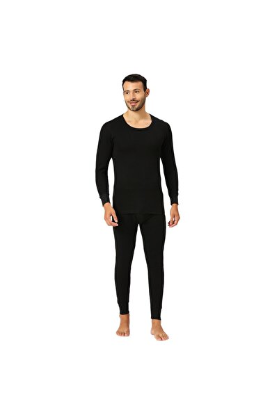 AMPM MEN'S COTTON BLENDED SOFT INNER FULL BODY THERMAL SET - BLACK