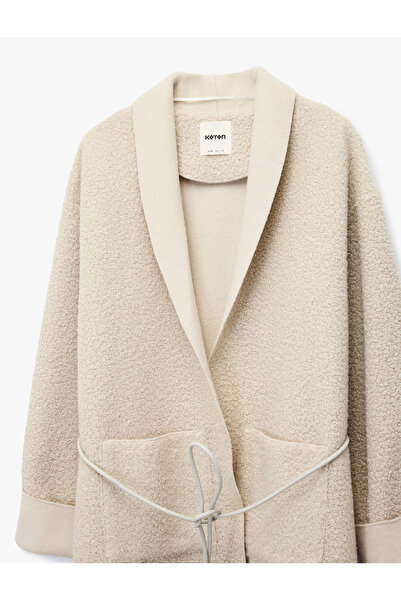 Koton Long Sleeve Pocket Detailed Belted Long Boucle Coat
