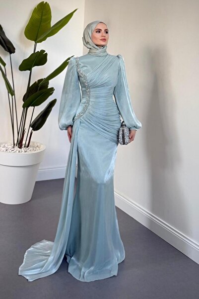 MERVEN AKYÜZ Ansel Yandan Taşlı Drapeli Janjan Abiye Mint