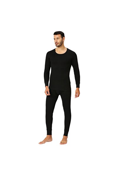 AMPM MEN'S COTTON BLENDED SOFT INNER FULL BODY THERMAL SET - BLACK