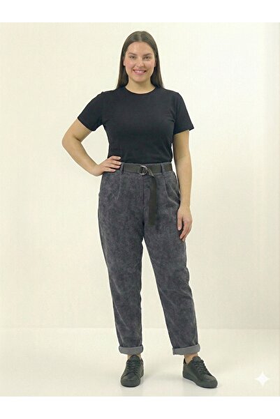 della moor Women's Gray Italian Wide Fit Belted L Stretch Fabric Velvet Trousers 42 - 50 Size Range