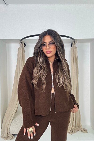 Sohotique By P Double-Way Zipper Detail Cardigan Brown