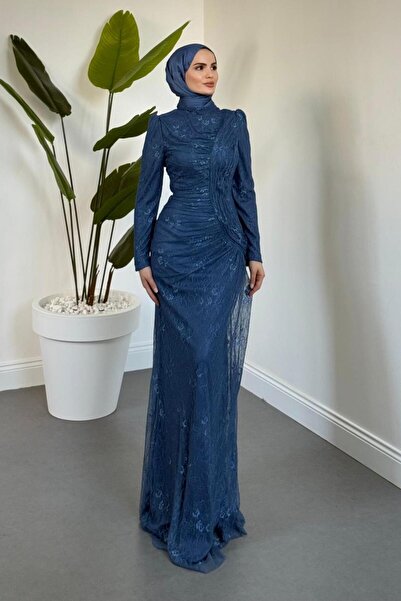 MERVEN AKYÜZ Sahra Dantel Kumaş Astarlı Balık Abiye İndigo