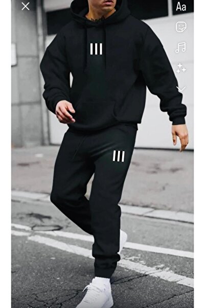 ALCİNOUS Black Three Stripes Printed Kangaroo Pocket Cap Hooded Eatshirt and Trackpants Two-Piece Set