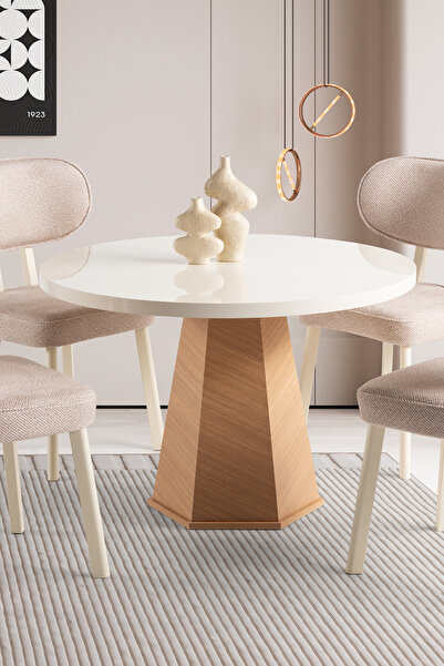 Liya Akçay Yuvarlak Yemek Masası Ahşap Salon Yemek Masası Bohem Mutfak Masası 4 Kişilik Meşe 100 Cm Çap