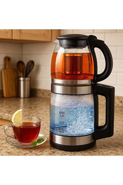 Denx غلاية كهربائية 2 في 1، 1500 واط، وعاء مزدوج، مع فلتر شاي قابل للإزالة، س...