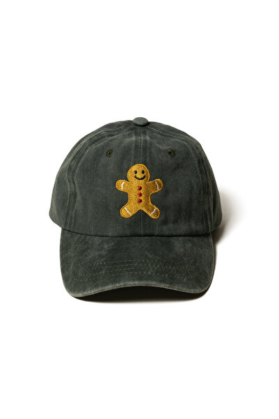 Nome Studio Green New Year's Hat Cookie Man Embroidered Khaki Fabric Hat Cotton Adjustable New Year Gingerbread